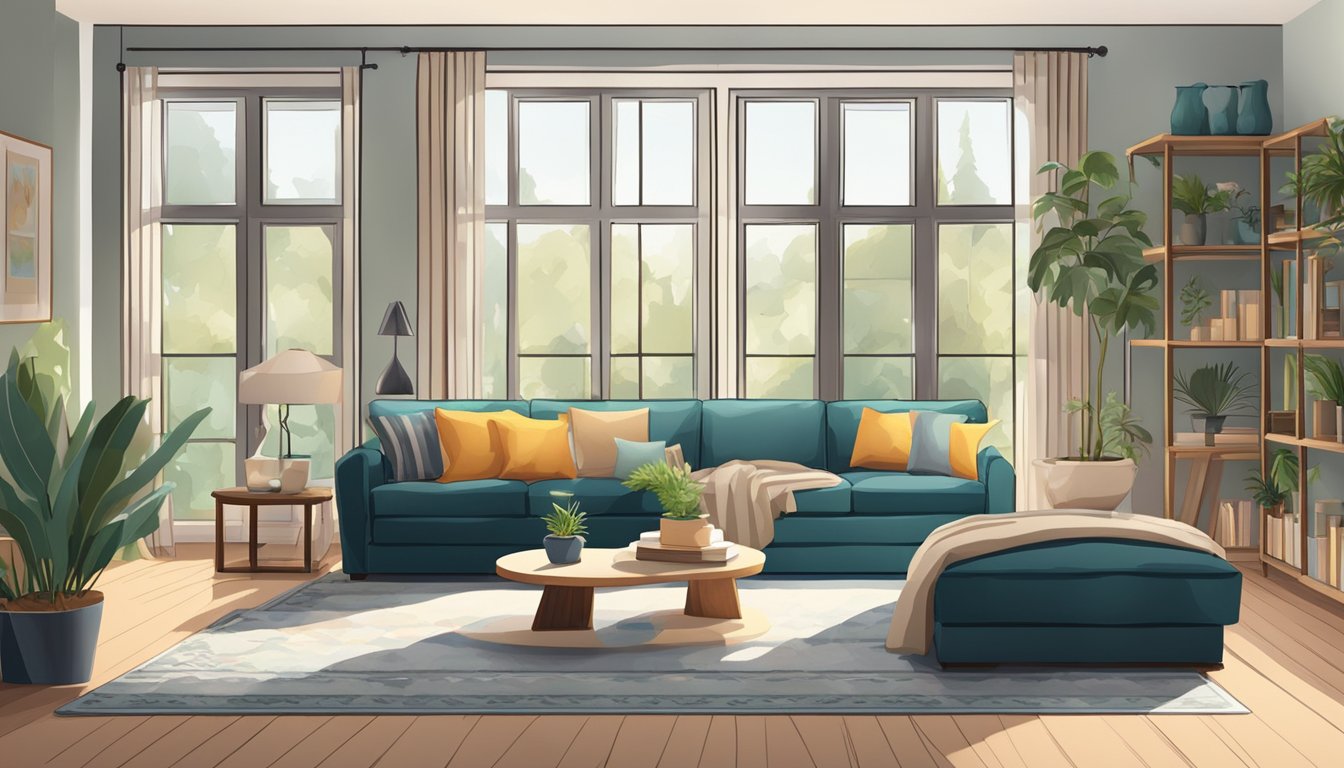 A cozy living room with a variety of stylish couches on display, surrounded by shelves of home decor and large windows letting in natural light