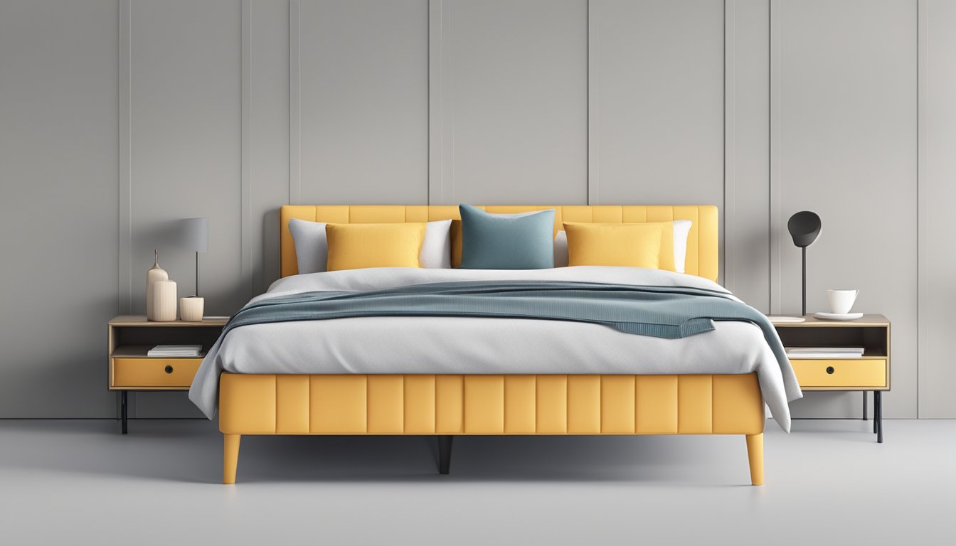 A double bed frame stands against a wall, with a headboard and footboard, supported by four legs