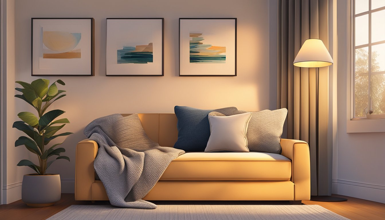 A small sofa sits in a cozy corner, adorned with plush pillows and a soft throw blanket. The warm glow of a nearby lamp adds a touch of comfort to the scene