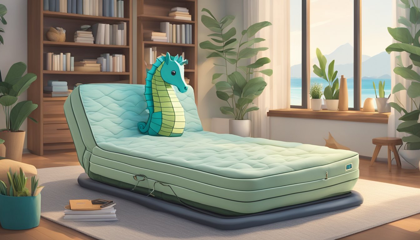 A seahorse-themed foldable mattress is being unfolded in a cozy living room, with a stack of pillows nearby and a bookshelf in the background