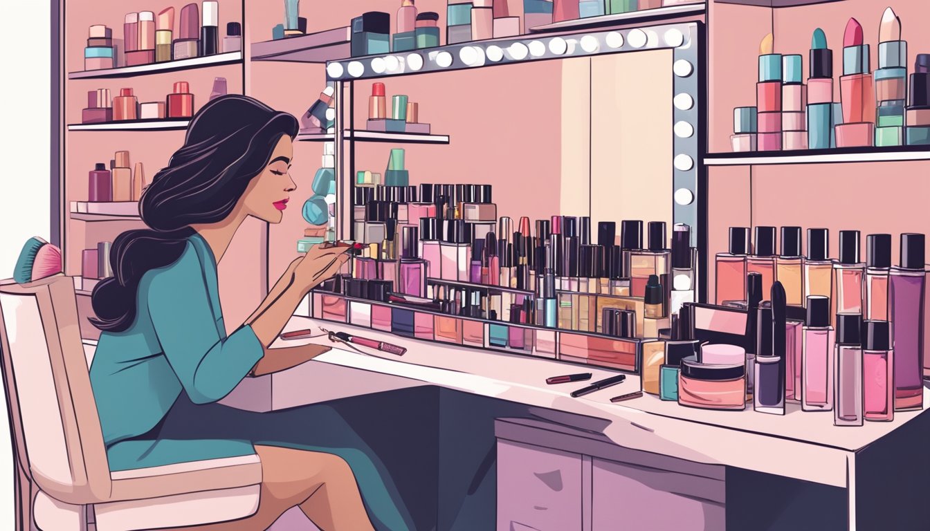 A vanity table with a large mirror, surrounded by shelves of makeup and beauty products. A woman's hand reaches for a lipstick, while a personalized nameplate sits on the table