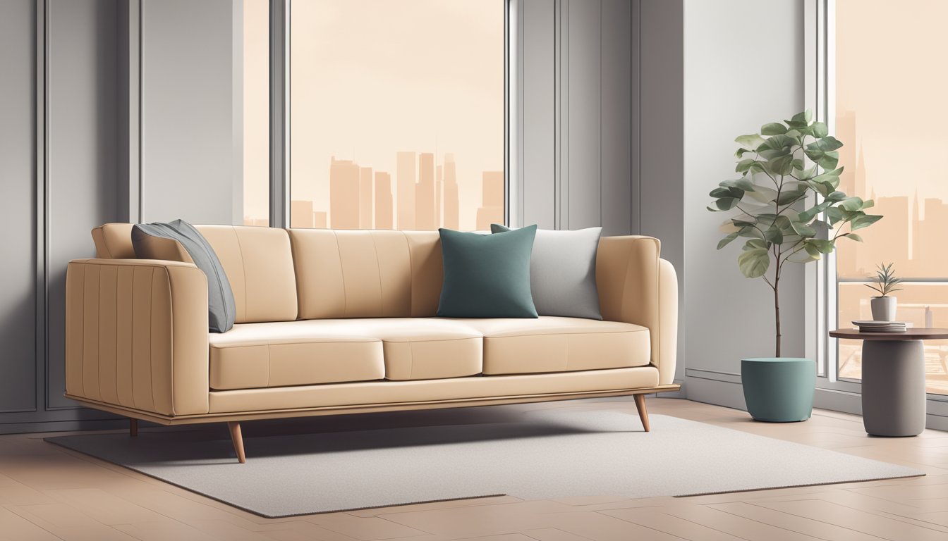 A small sofa with clean lines and minimalist design, set against a backdrop of modern decor and soft, neutral colors