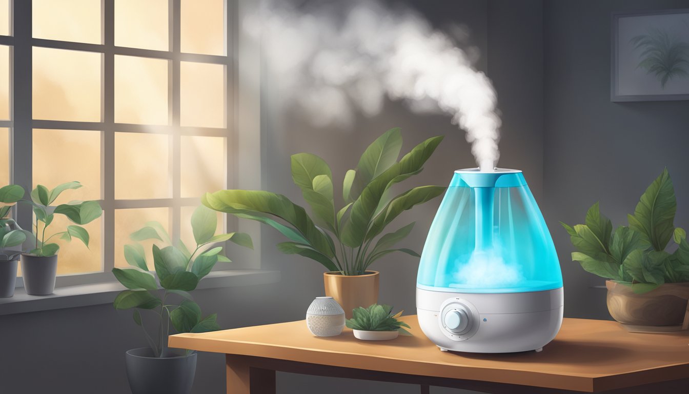 A humidifier purifier releasing steam into a dimly lit room