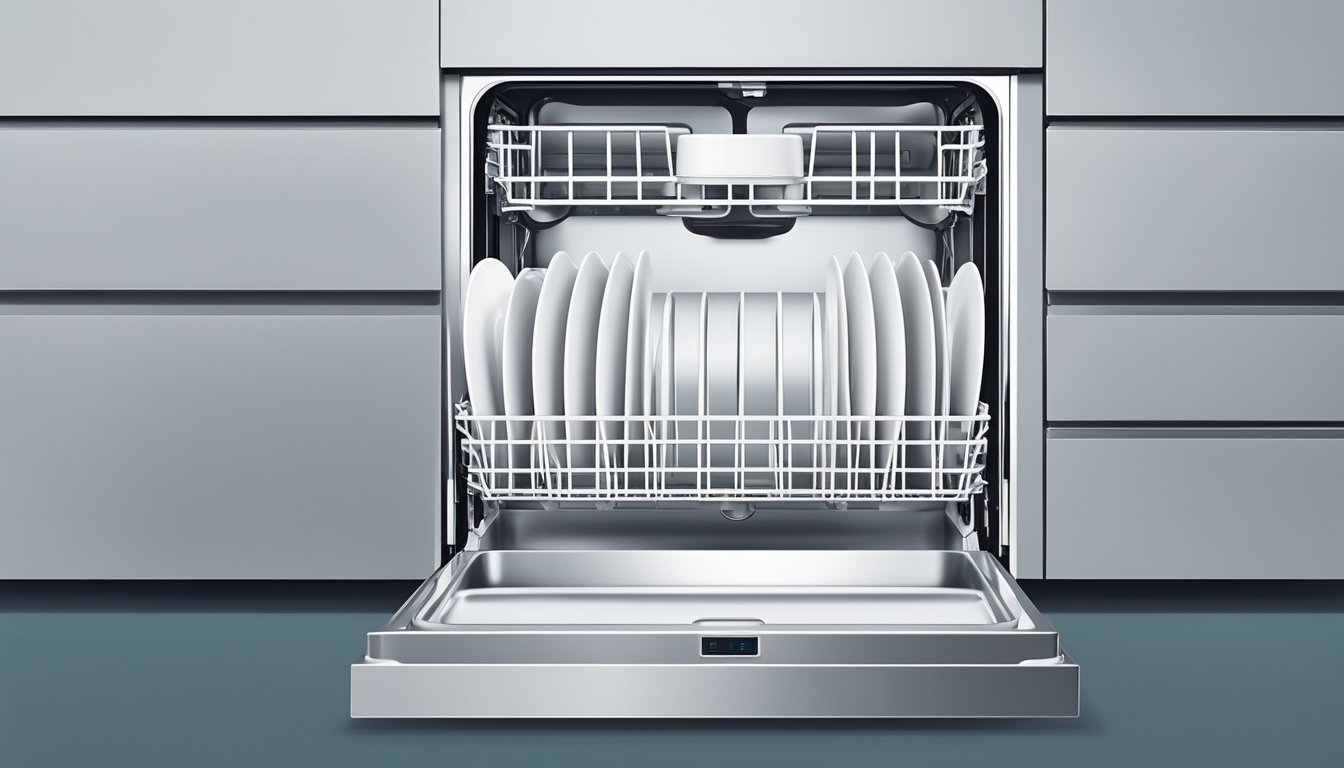 A dishwasher door opens, revealing racks for dishes. Water jets and spinning arms indicate cleaning technology