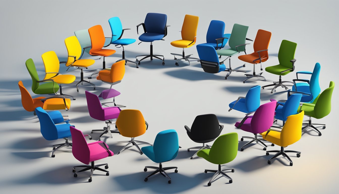 Several office chairs arranged in a circle, with one chair slightly pushed back as if someone just got up