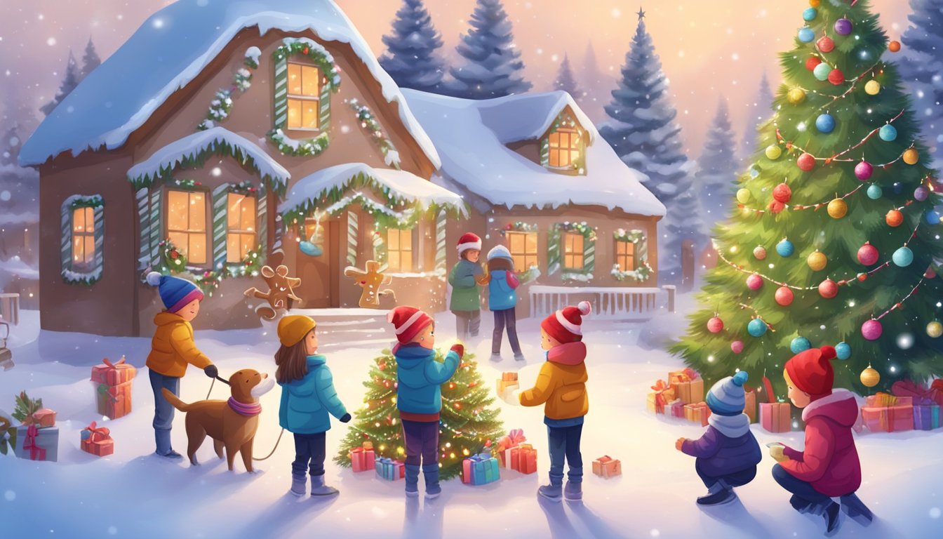 Children decorating a Christmas tree with ornaments, while others build a snowman in the snowy yard. A group of kids making gingerbread houses and writing letters to Santa