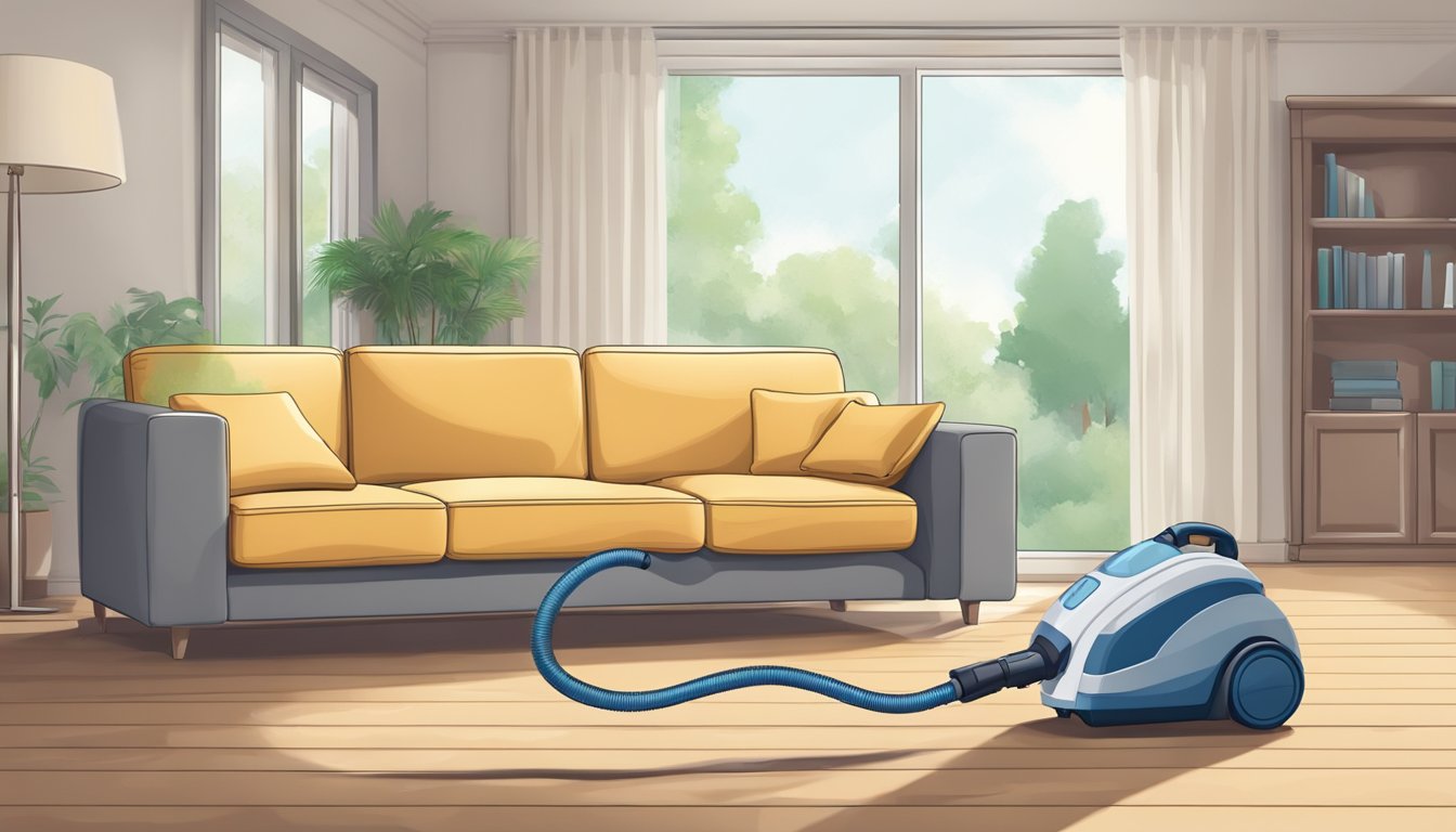 A vacuum cleaner is running over a sofa, removing dust and debris