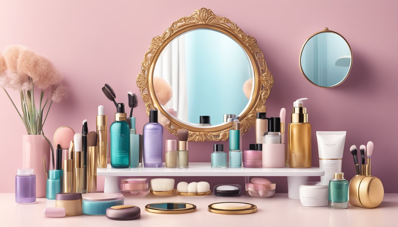 A sleek vanity table with a large, ornate mirror, surrounded by various beauty products and a plush stool