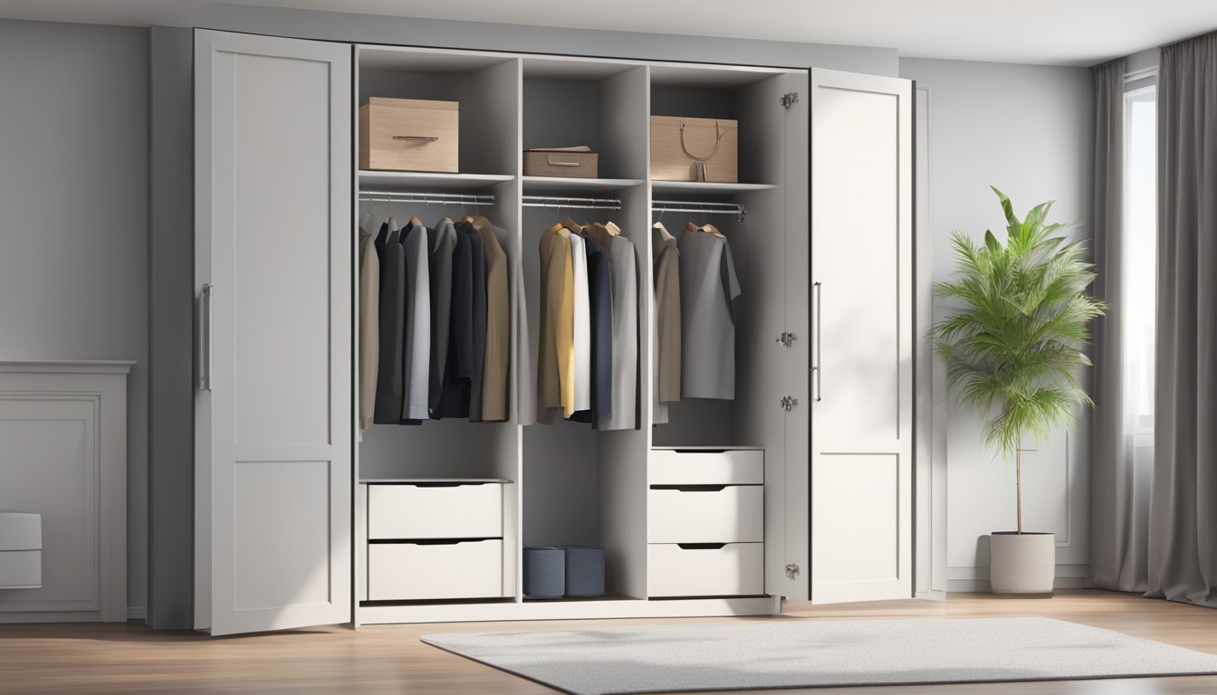 A 2-door wardrobe stands against a blank wall, with one door slightly ajar, revealing a glimpse of the neatly organized shelves and hanging space inside