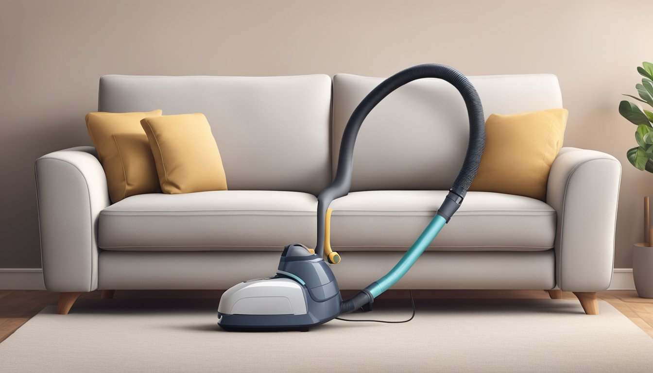 A vacuum cleaner hovers over a plush sofa, its nozzle reaching into the crevices to remove dust and debris. The sofa's fabric is clean and refreshed