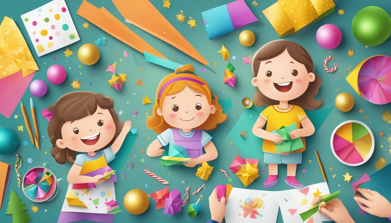 Children happily crafting festive decorations and ornaments, surrounded by colorful paper, glue, and glitter