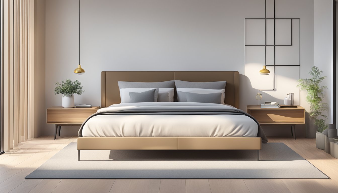 A double bed frame standing in a well-lit room with clean, minimalistic design and smooth, polished surfaces