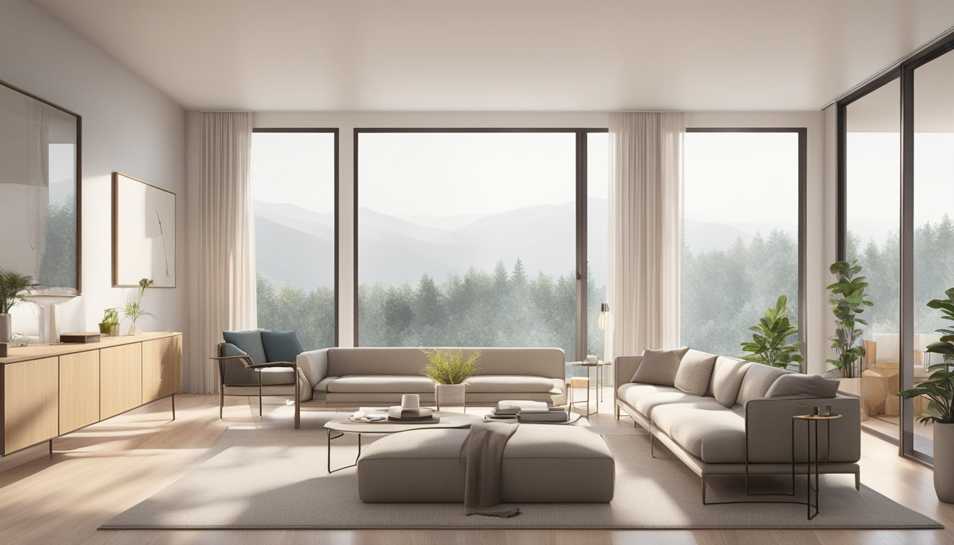 A room with modern furniture, clean lines, and minimalist design. Neutral colors and natural materials are prominent. Light filters in through large windows, creating a bright and airy atmosphere