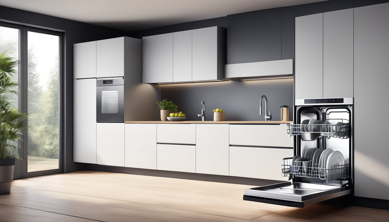 A sleek, modern dishwasher efficiently cleans dishes, steam rising from the open door. The interior is well-organized with adjustable racks and powerful jets