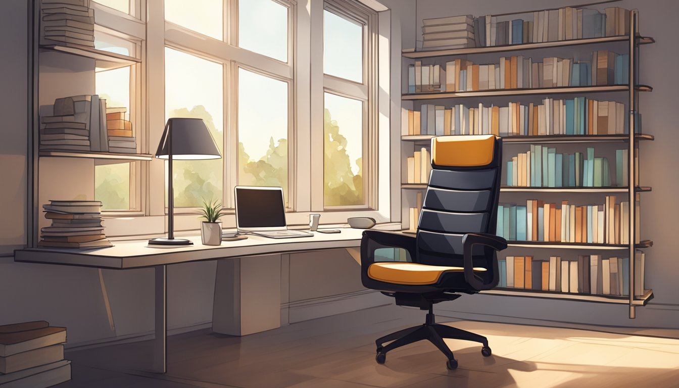 A sleek, ergonomic office chair sits in a well-lit room, surrounded by shelves of books and a modern desk. A window lets in natural light, casting a warm glow on the chair