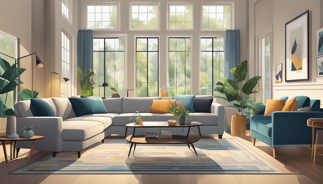 A cozy living room with a large window, a soft rug, and a variety of stylish couches on display in a furniture store