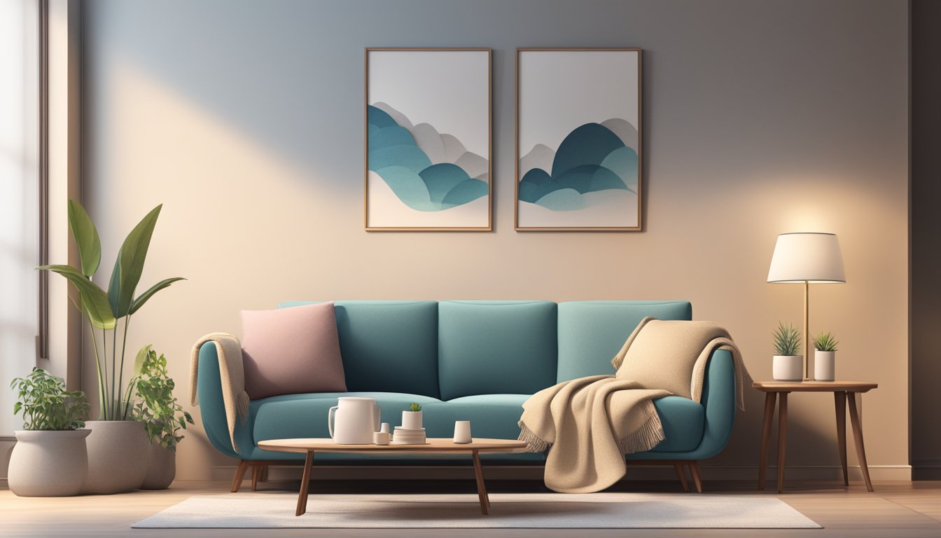 A small sofa placed against a wall, with a side table and a lamp next to it. The sofa is adorned with throw pillows and a cozy blanket