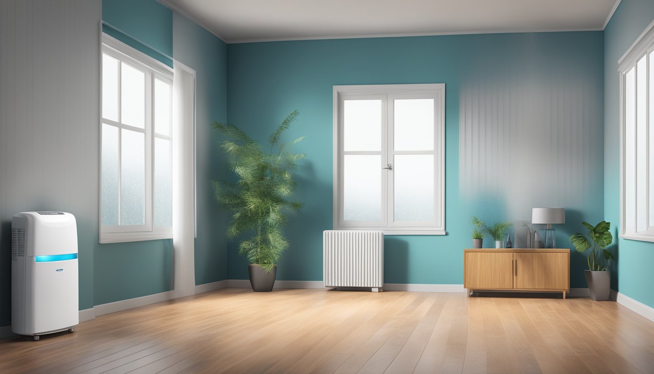 An aircon dehumidifier hums in a damp room, collecting moisture from the air and releasing dry, cool air into the space