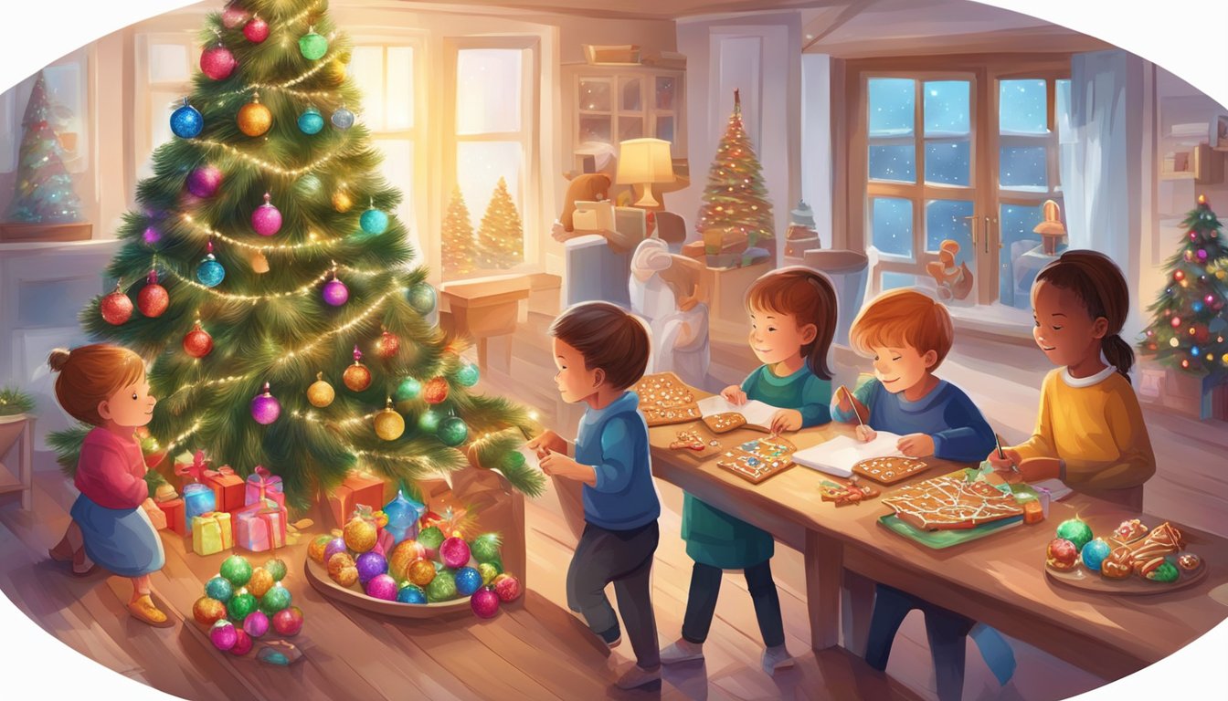 Children decorating a Christmas tree with colorful ornaments and lights, while others make gingerbread houses and write letters to Santa