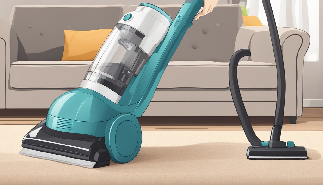 A vacuum cleaner is being used to clean a sofa, with the user carefully maneuvering the nozzle to remove dust and debris from the fabric