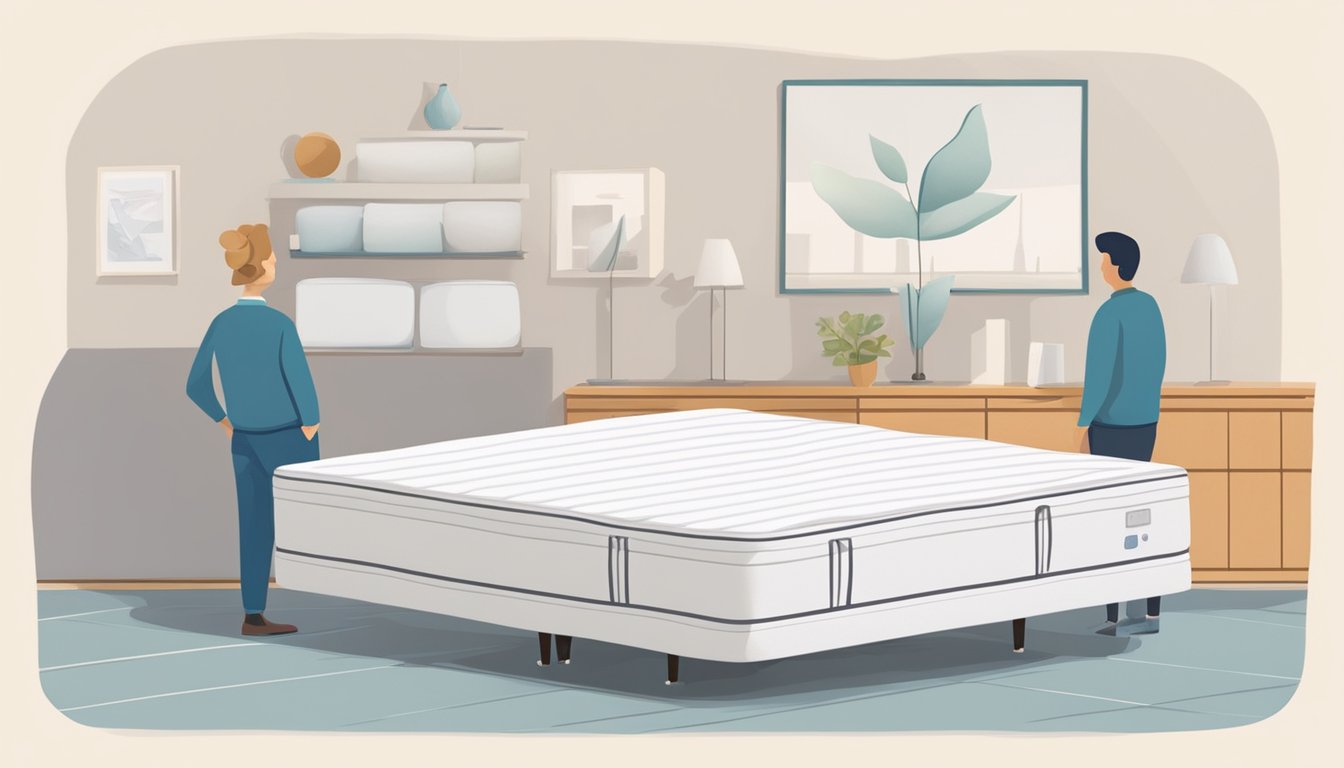 A foam mattress and a spring mattress stand side by side, with a question mark hovering above them. Customers look on with curiosity