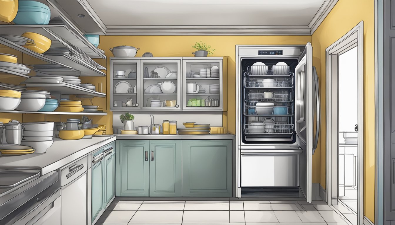 A dishwasher with open door, steam rising, and shelves filled with neatly stacked dishes