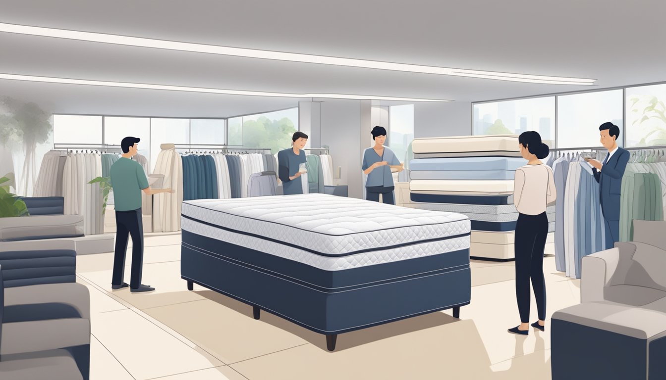 A customer testing mattresses in a Singapore showroom, surrounded by various options and a salesperson offering assistance