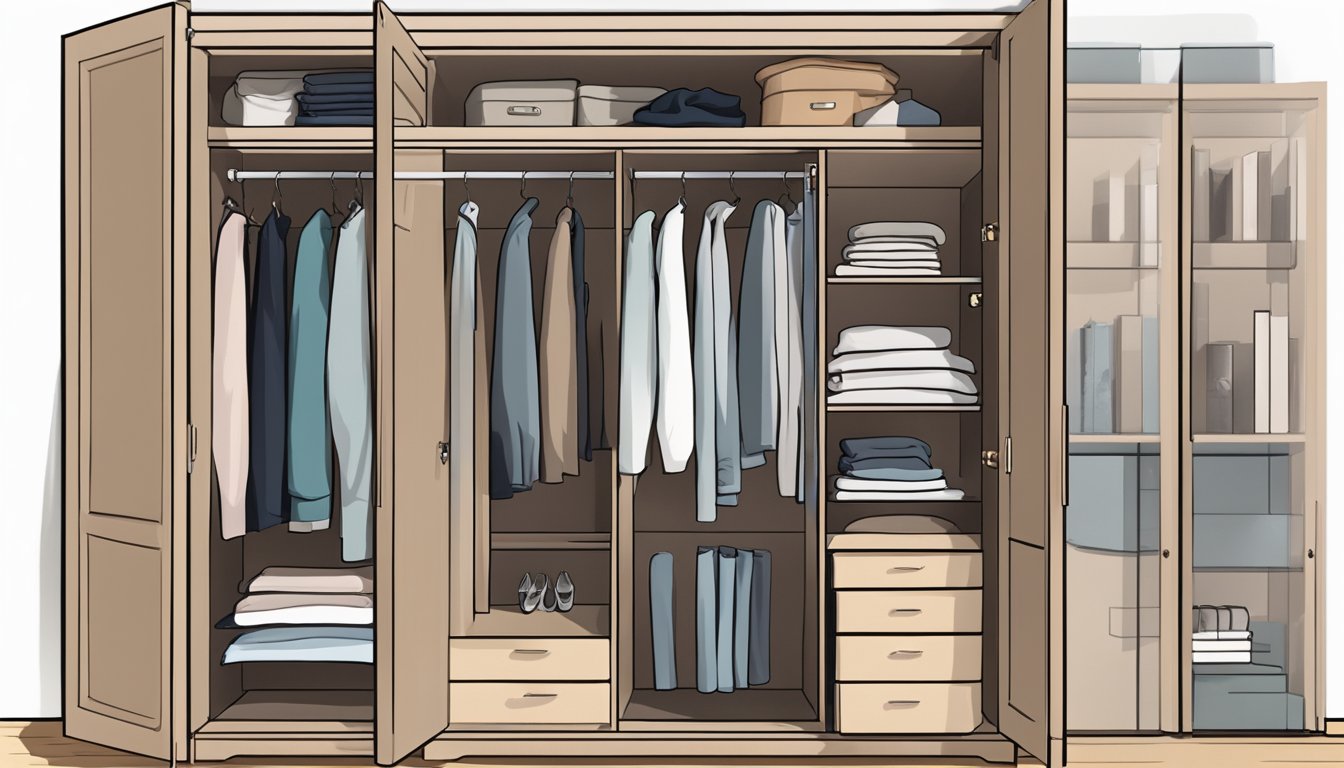 A 2-door wardrobe with "Frequently Asked Questions" printed on the front. Shelves and hanging space visible through the open doors