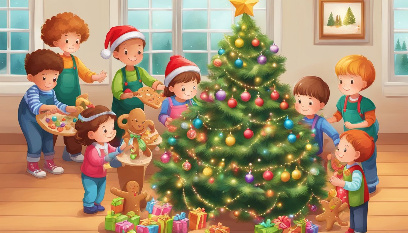 Children decorating a Christmas tree with ornaments and lights, while another group makes gingerbread houses and crafts