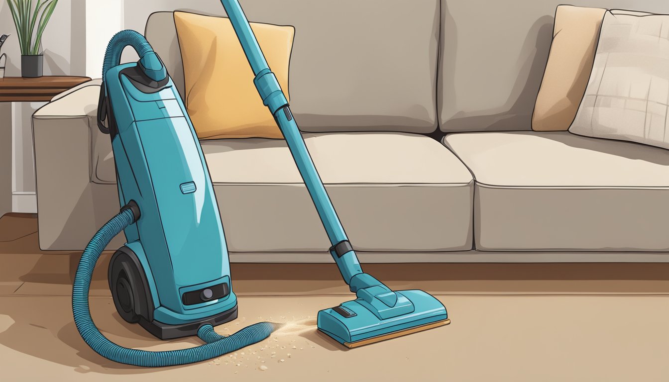 A vacuum cleaner hovers above a sofa, with a cord trailing behind. The nozzle is positioned to suck up crumbs and debris from the cushions