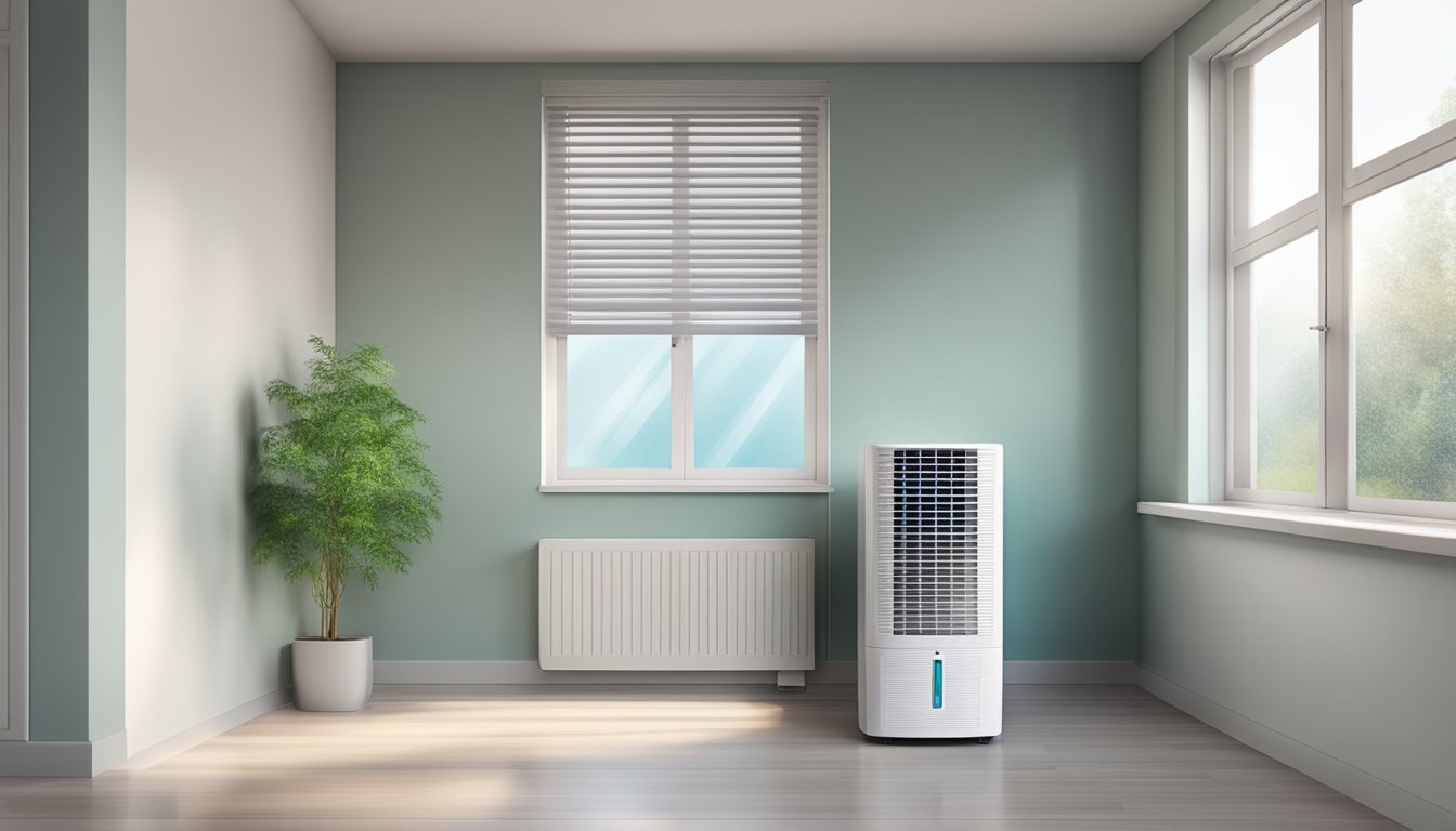 A room with an aircon dehumidifier running, removing moisture from the air. The device is positioned near a window, with condensation forming on the glass