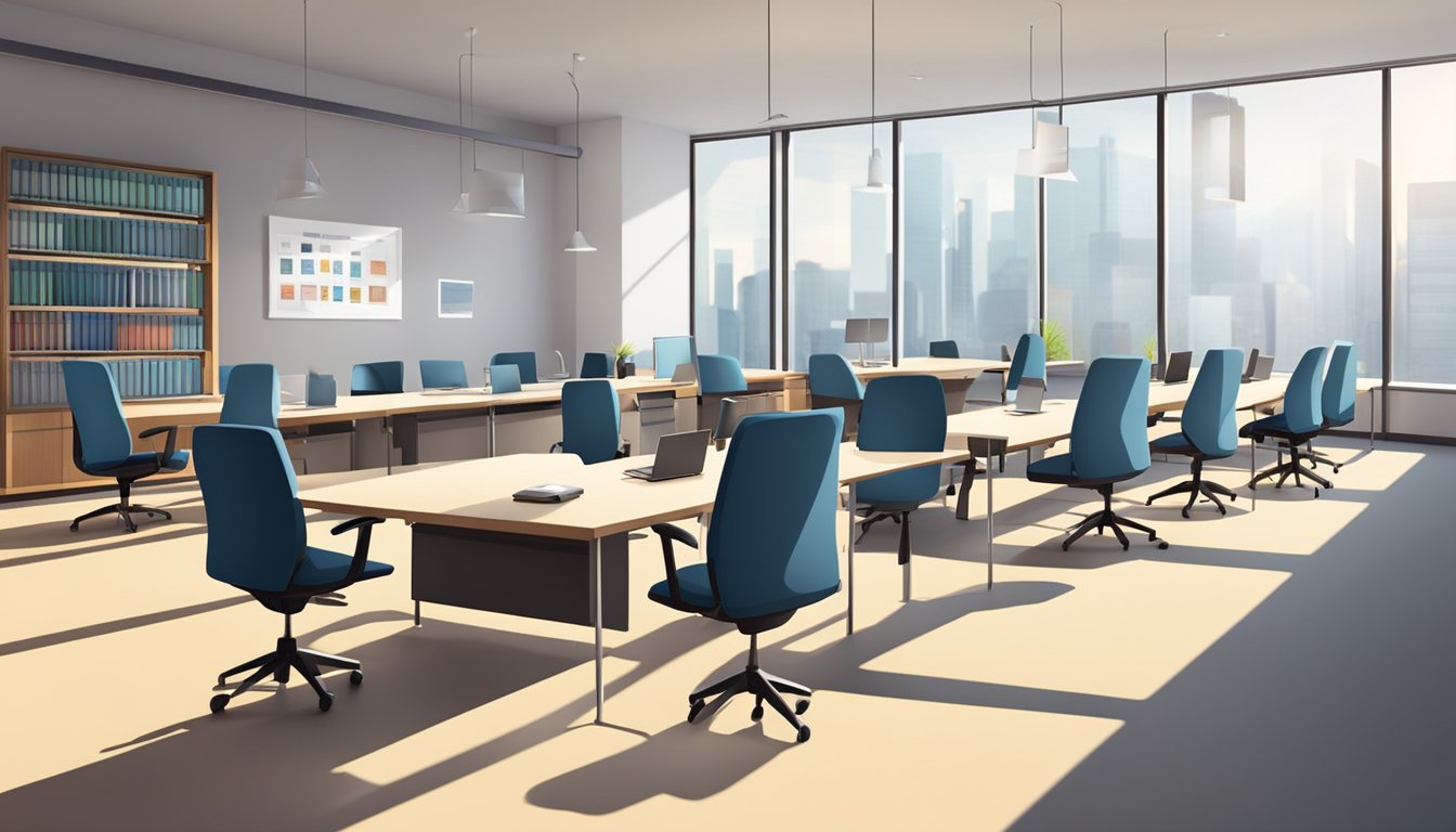Office chairs are arranged in a neat row, each with a "Frequently Asked Questions" sticker. The room is well-lit and spacious, with a modern and professional atmosphere