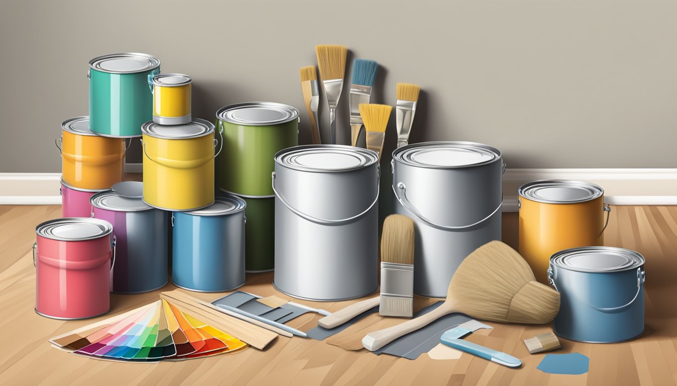A room with budget renovation items: paint cans, brushes, wallpaper samples, flooring swatches, and DIY tool kit