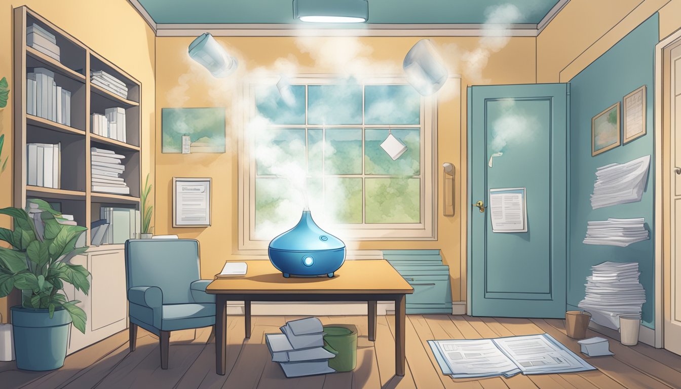 A humidifier purifier releasing mist into a room with FAQ documents scattered around it