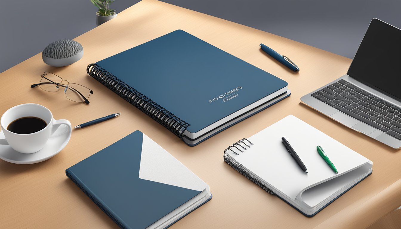 A sleek, professional notebook with the company logo embossed on the cover, surrounded by office supplies and a branded pen
