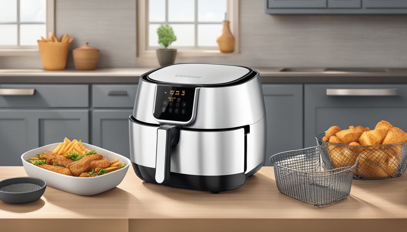 An air fryer sits on a kitchen counter, with a basket inside and a digital control panel on the front. The hot air circulates rapidly around the food inside the basket, creating a crispy texture without using much oil