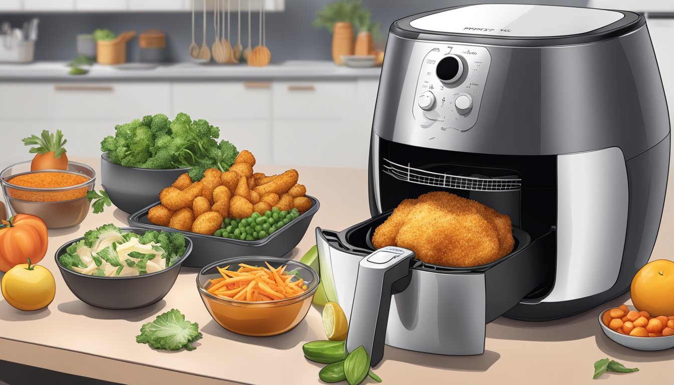 Fresh ingredients being placed into an air fryer, hot air circulating around them, resulting in crispy and delicious food