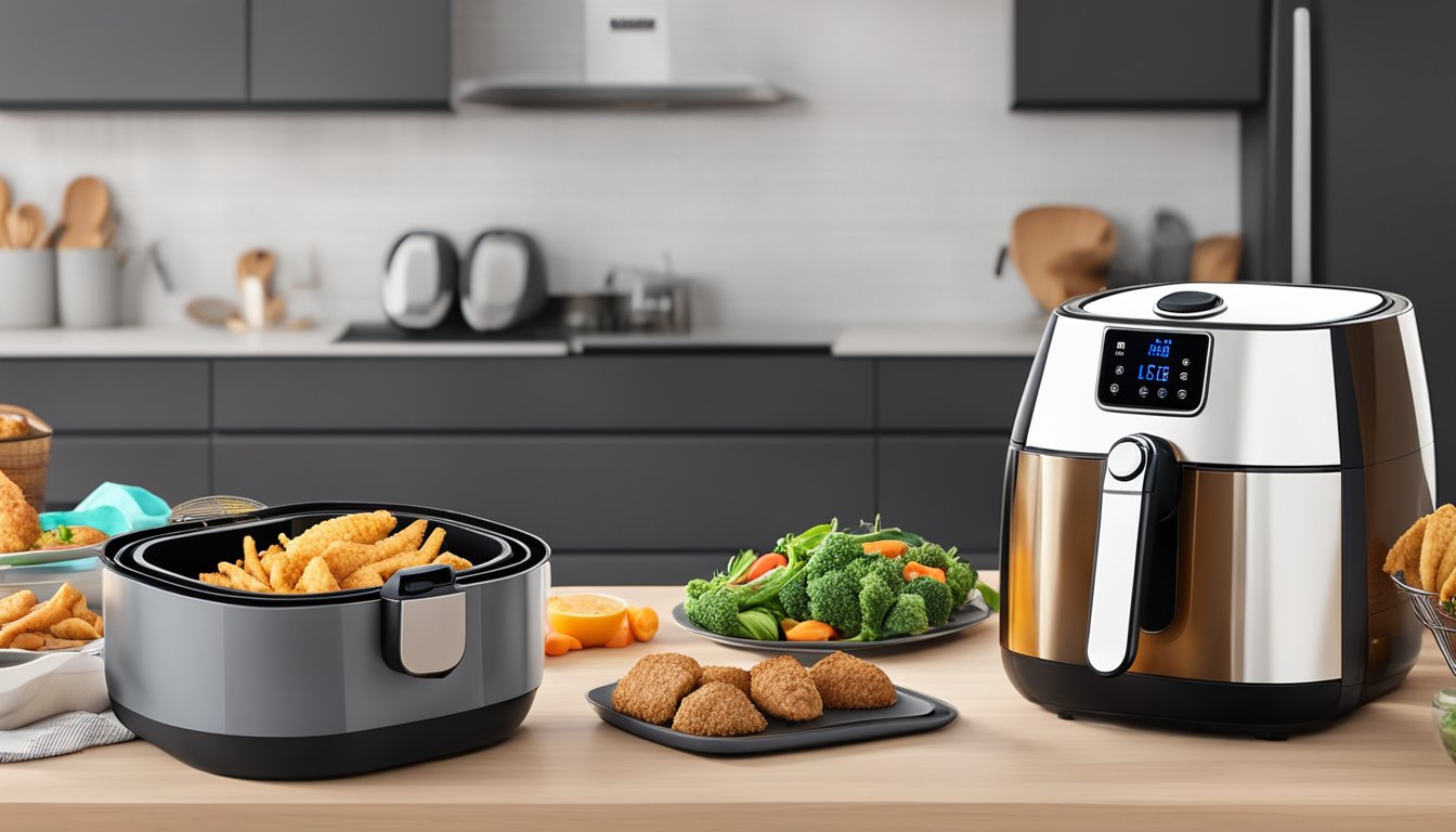 An air fryer sits on a kitchen countertop, with a basket inside and a digital display panel. The air fryer is plugged in and ready to use, with a variety of food items nearby for cooking