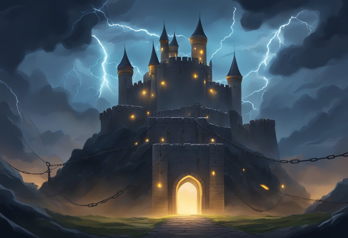 A dark, looming fortress with chains and thorns, surrounded by swirling clouds and bolts of lightning