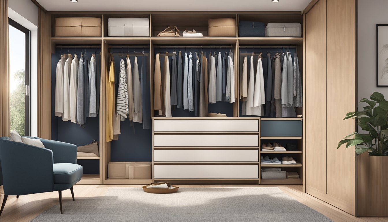 An open wardrobe in a modern Singaporean bedroom, filled with neatly arranged clothing and accessories. The wardrobe doors are wide open, revealing the organized interior