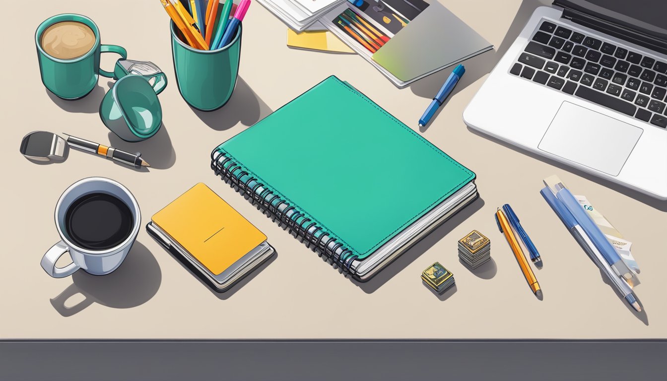 A branded notebook sits on a desk surrounded by corporate gifts like pens, mugs, and gift cards