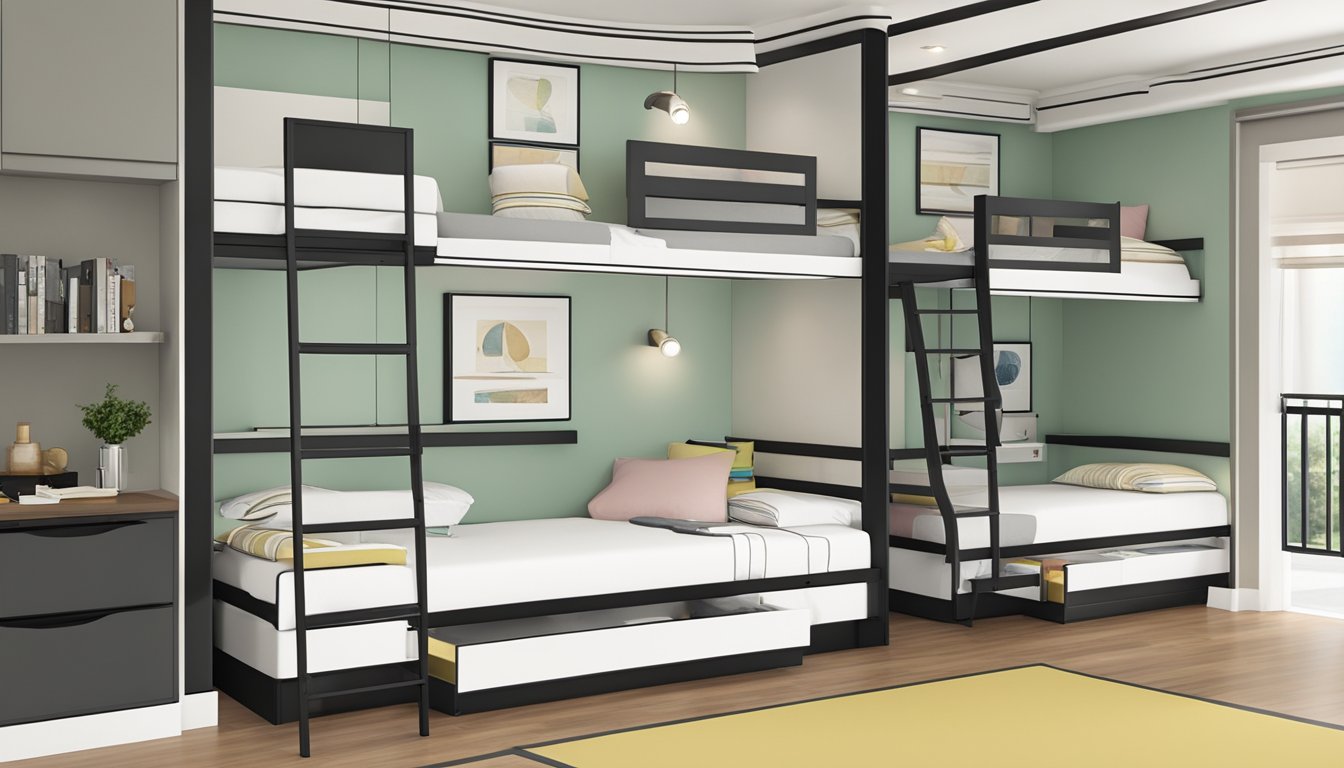 Two modern bunk beds with built-in storage and sleek design, maximizing space in a small bedroom
