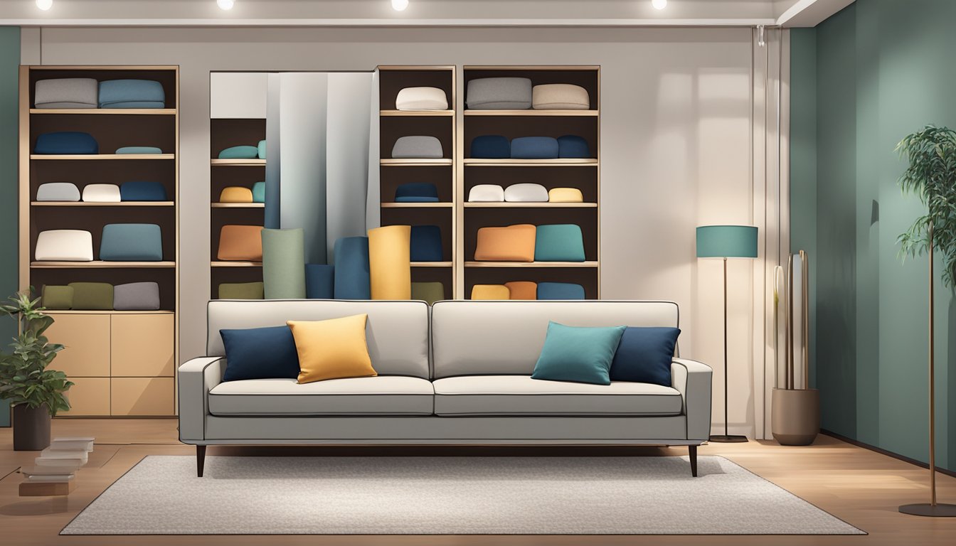 A person selecting a fabric sofa from various options in a showroom, with different colors and textures displayed on the walls and shelves