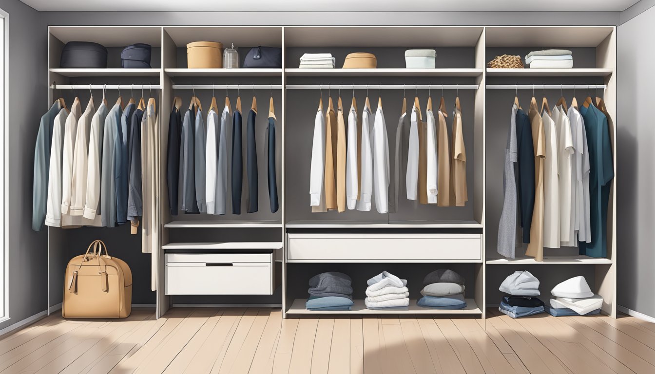 A sleek, minimalist open wardrobe with adjustable shelves and hanging space, showcasing a curated collection of clothing and accessories
