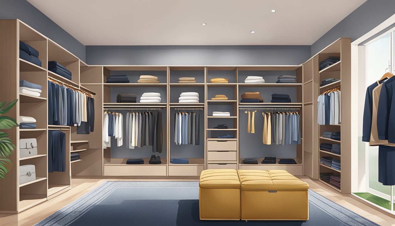 An open wardrobe in Singapore with neatly organized accessories and clothing
