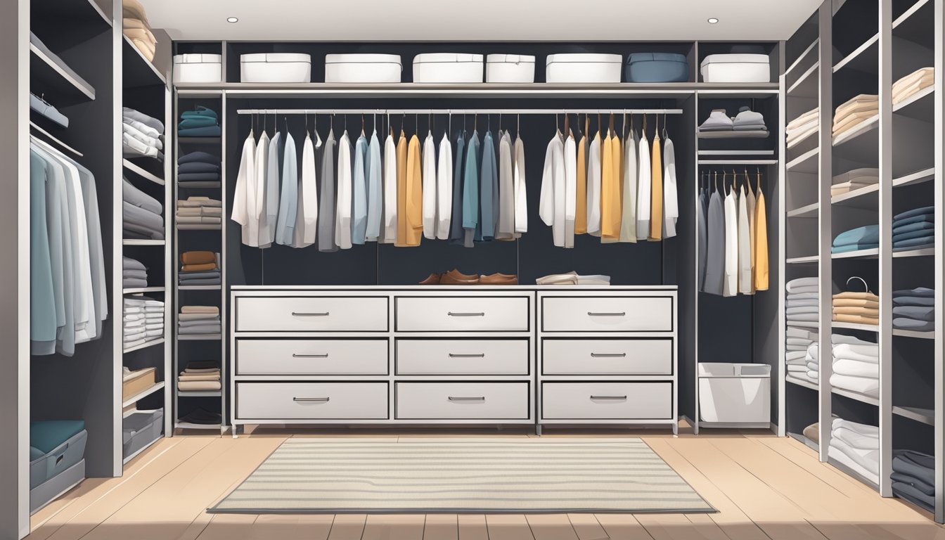 An open wardrobe in Singapore, with neatly organized shelves and hanging clothes. Labels and signs indicate different sections for easy navigation