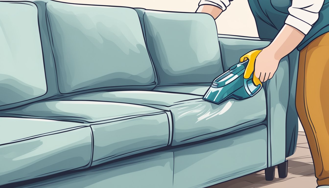 A person gently vacuuming and spot cleaning a fabric sofa with a soft brush and mild detergent