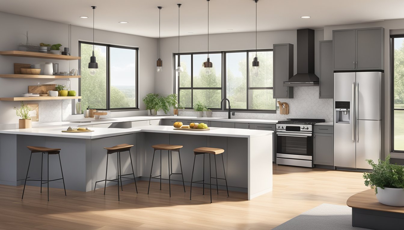 A spacious kitchen with modern appliances, sleek countertops, and ample storage. Bright natural light streams in through large windows, illuminating the clean, minimalist design