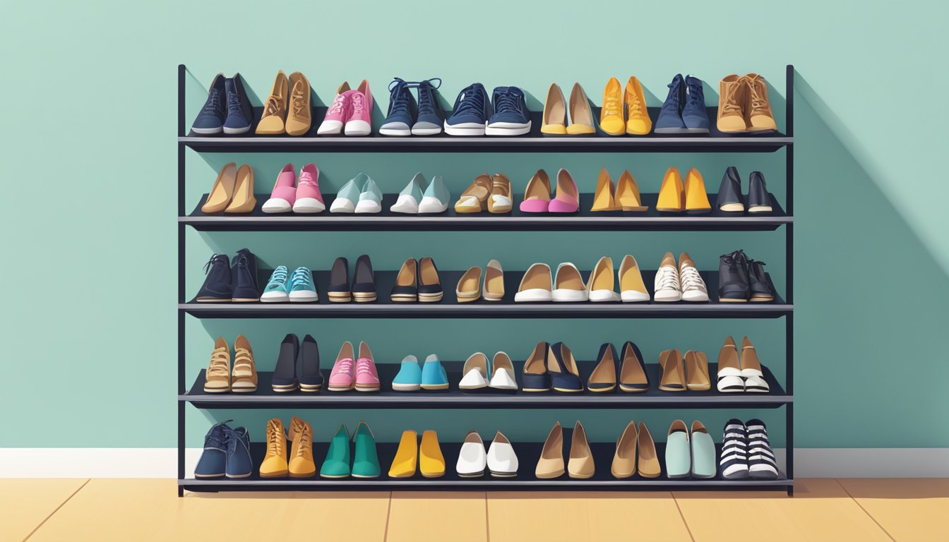 A shoe rack with multiple tiers, organized with various styles and sizes of shoes neatly placed. The rack is positioned against a plain background, allowing the focus to be on the design and arrangement of the shoes
