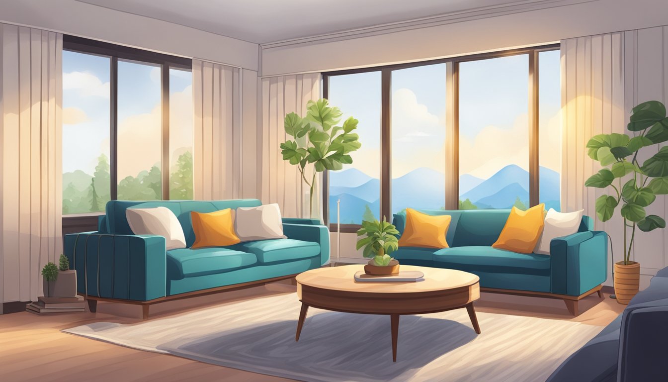 A cozy living room with a modern aircon dehumidifier, creating a comfortable and healthy environment